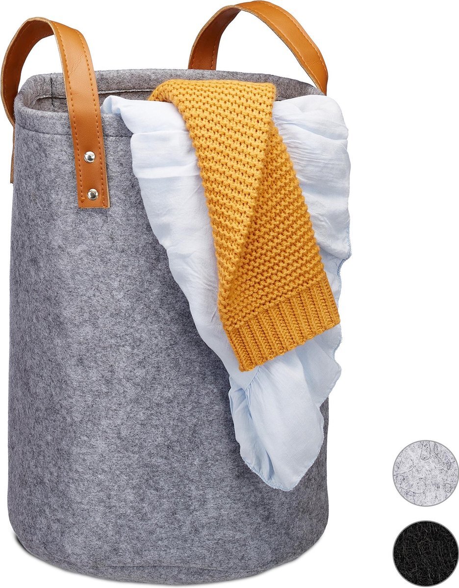 Relaxdays wasmand vilt - opvouwbaar - mand voor wasgoed - opbergmand - draagbaar - rond antraciet