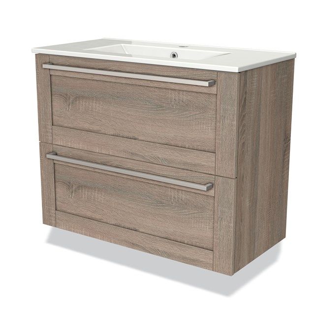 Maxaro Badkamermeubel 80cm Modulo Slim Eiken 2 Lades Kader Wastafel Keramiek - 6095827643664