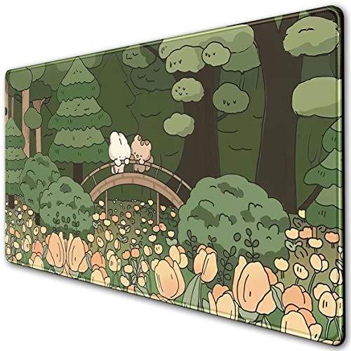 DSKGSJH SB-100 Forest Bureaumat Leuke Groene Muismat Kawaii Esthetische Volledige Desktop Pad XXL Gaming Mousemat XL Uitgebreide Koreaanse Dieren Mat Grote 31 5x15 7 Inch Antislip & Gestikte randen