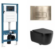 QeramiQ Dely Swirl Toiletset - inbouwreservoir Qeramiq Flush - slim zitting - metaal messing geborstelde bedieningsplaat - rechthoekige knoppen - mat zwart