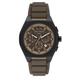 Armani Exchange AX4293 Heren Polshorloge - 44 mm - Zwart Staal - Siliconen Band - Bruine Wijzerplaat - Analoog Quartz