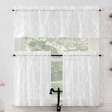 No. 918 Allerton Geborduurde Trellis Licht Filterende Staaf Pocket Keukengordijn Valance en Tiers Set, 52 "x 24", Wit