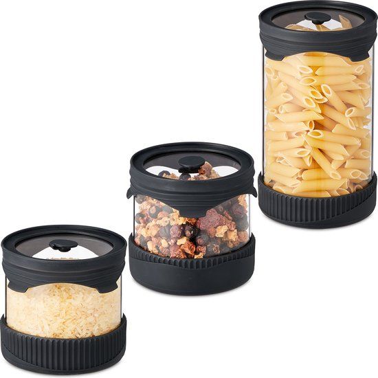 Merkloos Relaxdays Voorraadpotten met Deksel - Set van 3 - Glas - Siliconen - 450 ml - 1000 ml - Magnetronbestendig - Transparant/Zwart