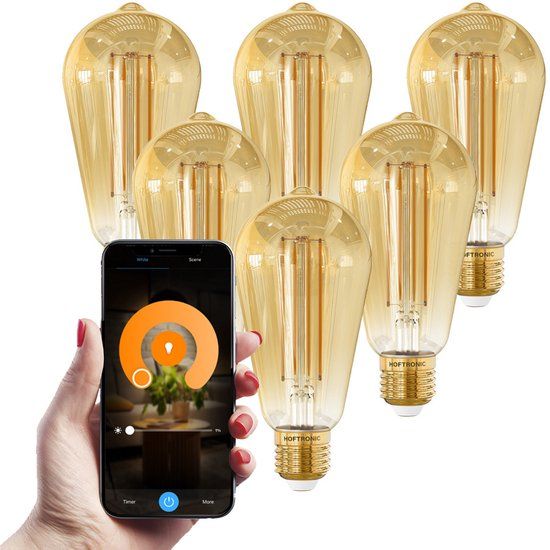 HOFTRONIC Set van 6 Smart Gloeilampen - 7 Watt 806 Lumen - ST64 Edison Amberkleurig - 1800-3000K - Dimbaar - E27 Filament