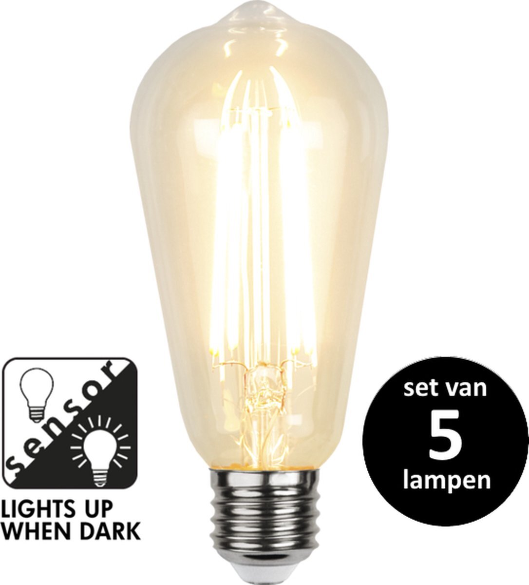 Star Trading Edison Sensorlamp dag/nacht - Filament 4W -Super Warm Wit (< 2200K) -Niet dimbaar -Schemersensor - set van 5