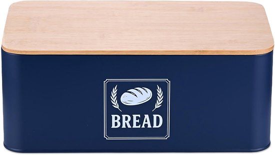 Merkloos Relaxdays Broodtrommel aanrecht - 13,5 x 33 x 19 cm - metaal - bamboe deksel - blauw