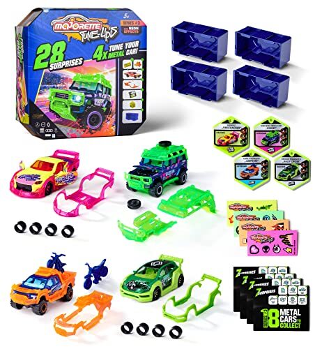 MAJORETTE - Tune Ups Series 3 - extra grote tuningbox met 28 verrassingen incl. 4 speelgoedauto's met neon-effect voor tunen, voor kinderen vanaf 5 jaar, elk 7,5 cm, willekeurige selectie