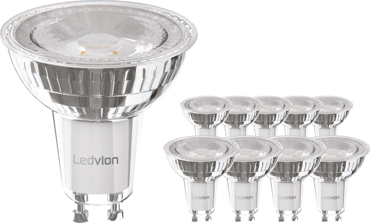 LEDVION 10x Dimbare GU10 LED Spots - 5W - 4000K - 345 Lumen - Full Glass - Voordeelpak