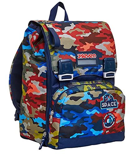 Zeven opvouwbare rugzakken, camouflagevlekken, blauw, dubbel vak, school en reizen