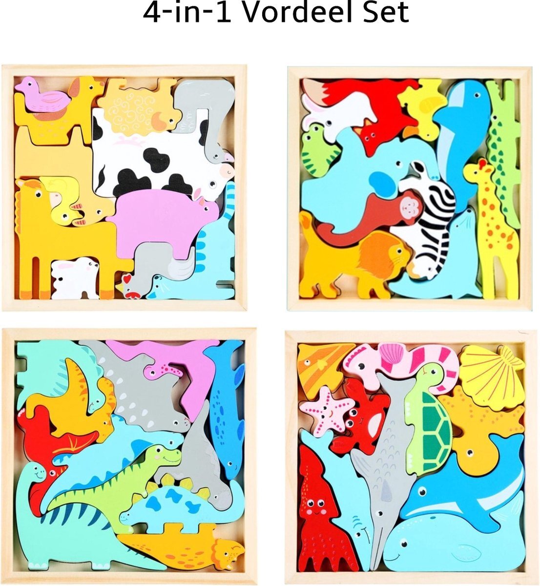 van Theo Houten Puzzel - 4-in-1 Set- Houten Speelgoed - 3D Puzzel - Kinderen - Voordeelset