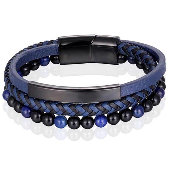 Memphis Heren armband Memphis Tijgeroog kraal gevlochten leer Zwart Blauw - 21cm
