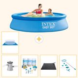 Intex Rond Opblaasbaar Easy Set Zwembad - 244 x 61 cm - Blauw - Inclusief Pomp - Onderhoudspakket - Solar Mat - Schoonmaakset - Grondzeil - 6-delig