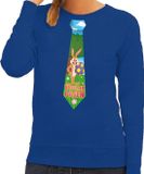 Bellatio Decorations Shoppartners Bv Blauwe Paas sweater met paashaas stropdas - Pasen trui voor dames - Pasen kleding S