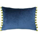 Riva Paoletti Fiesta Rechthoekige kussenhoes - Indigo Blauw - Olijfgele Pomponranden - Faux Fluweel - Omkeerbaar - Ritssluiting - 100% Polyester - 35 x 50cm (14" x 20")