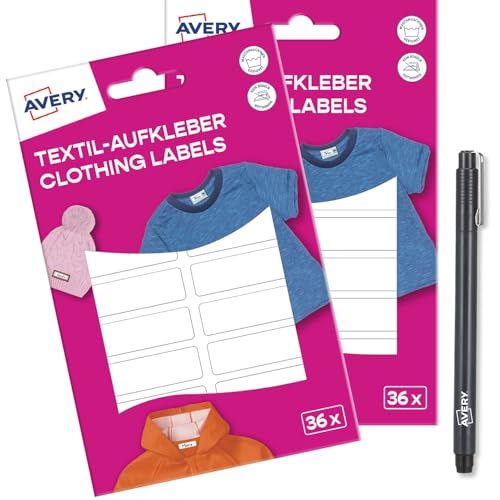 AVERY Zweckform ETVET36X2PEN Naamstickers, waterdicht, voor kleding, 72 stuks (13 x 45 mm, vinylfolie, zelfklevende textieletiketten, beschrijfbare textiellijm voor wasmachine, droger), wit