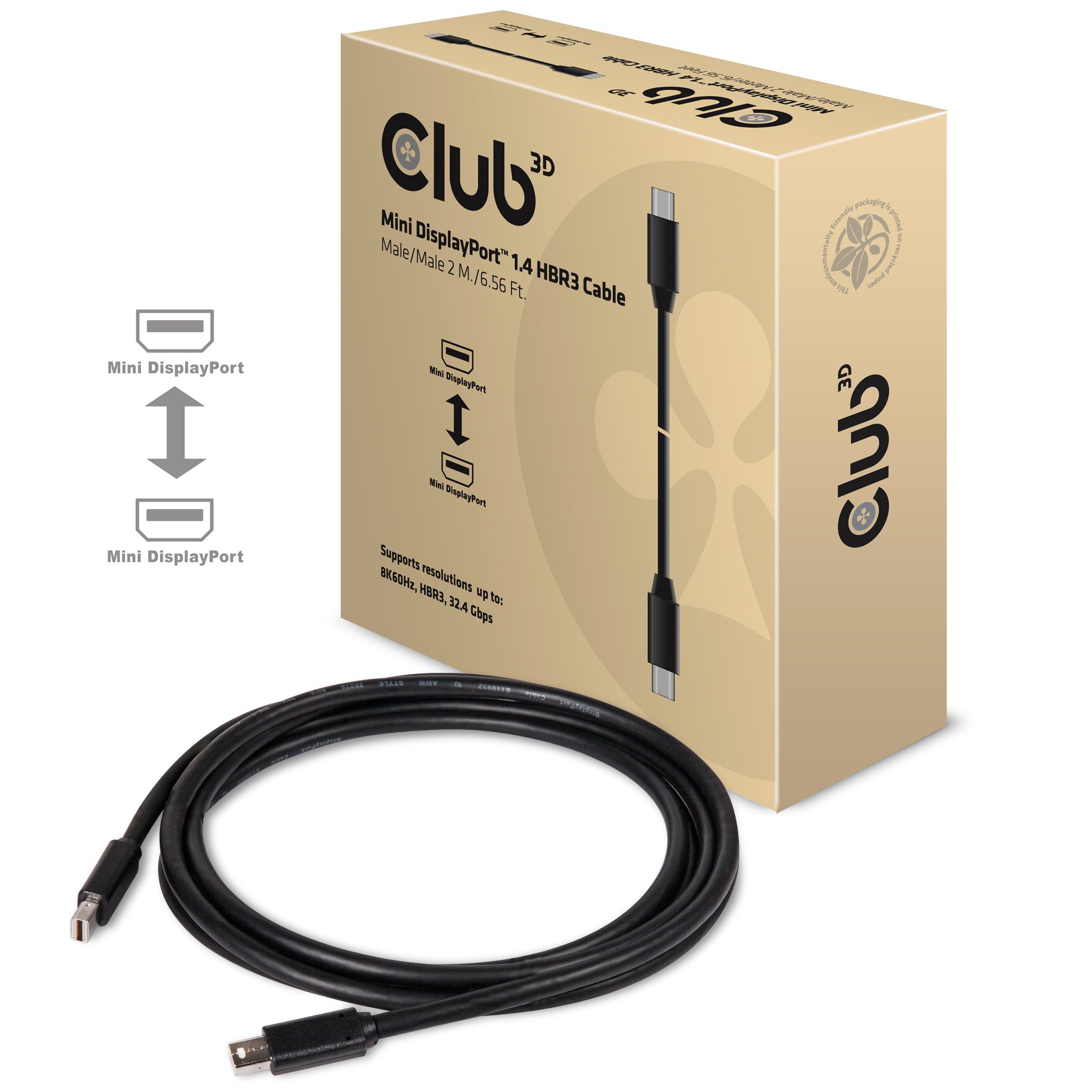 Club 3D Mini DisplayPort 1.4 Kabel HBR3 8K60Hz M/M 2 meter Zwart