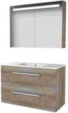 Basic-Line Premium 46 Badkamermeubelset - 100 x 46 cm - Met Grepen - 2 Lades - Keramische Wastafel - 1 Kraangat - Spiegelkast met LED Verlichting - Scotch Oak