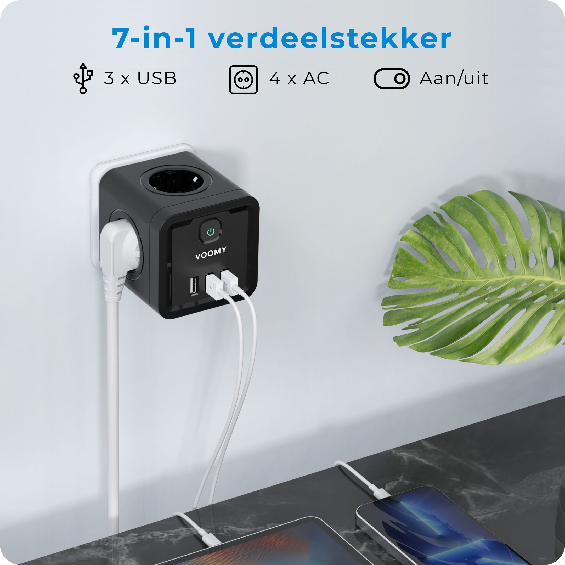 Voomy Cube Verdeelstekker - 4 Stopcontacten & 3 USB - Zwart