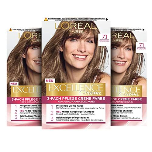 L'Oréal Paris Permanente haarverf, 100% grijshaardekking, haarverfset met kleuring, shampoo en 3-voudige verzorging crèmekleur, Excellence Creme, 7.1 middenasblond, 3 x 268 g