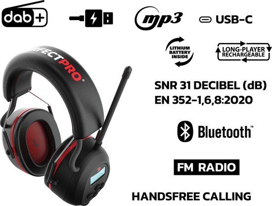 PerfectPro H-40 - Gehoorbescherming - DAB+ FM radio - Bluetooth - Zwart - SNR 31 dB