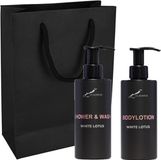 Claudius Cosmetics B.V. Douchepakket White Lotus - Shower & Wash + Bodylotion - 300 ml per fles - set van 2 stuks - met luxe gift tas - cadeau - giftset voor hem en haar