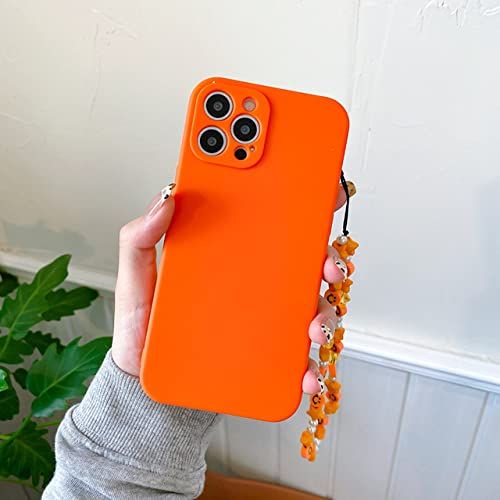 MXBXLG Orange Candy Color Soft TPU Bracelet Phone Case for iPhone 12 Pro with Pearl Beaded Lanyard Strap