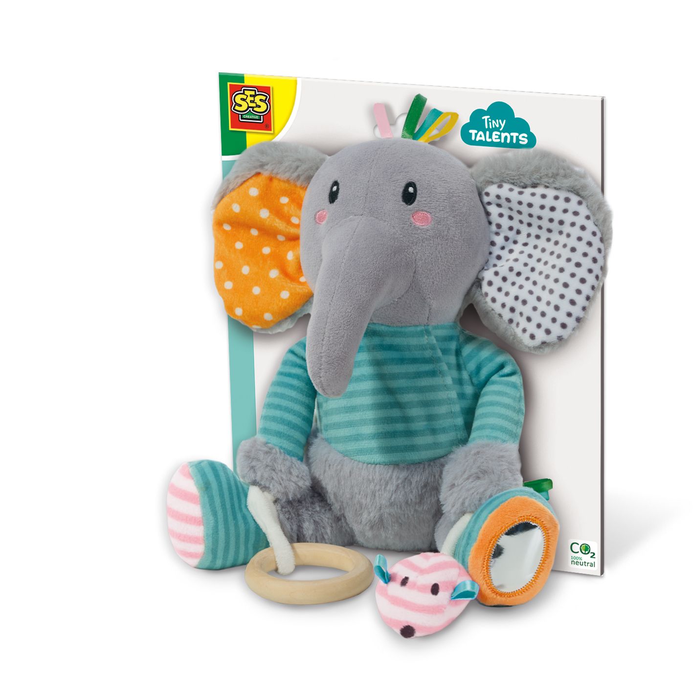 SES Tiny Talents Olfi Sensory Elephant - Baby Toy with Mirror, Crinkle Foot, Teether and Squeaky Mouse - Multicolour
