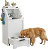 Garvee Voederstation voor honden met mobiel voederstation voor kroketten | Klapdeksel, 2 verhoogde schalen, verborgen organizer met haak voor accessoires, modern design, wit