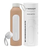 Wessper Glazen drinkfles 1 liter, Motivatie fles met hydratatie schaal, Borosilicaat glazen flessen met siliconen hoes, BPA-vrij veilig materiaal - Beige