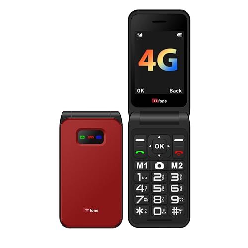 TTfone TT760 Flip 4G Mobiele Telefoon met Grote Toetsen voor Ouderen met Noodhulpknop - Ontgrendelde Basis Mobiele Telefoon (Rood, met usb-kabel)