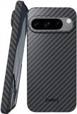 NEKIT Fiber Hoesje Geschikt voor Google Pixel 9 Pro XL - Compatibel met MagSafe - Kevlar Aramidevezels 1500D - Back Cover Ultra Dun - Grijs/Zwart