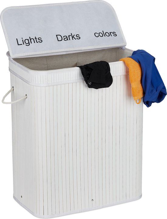 Relaxdays Wasmand - Bamboe - 3 Vakken - 90 Liter - Wit