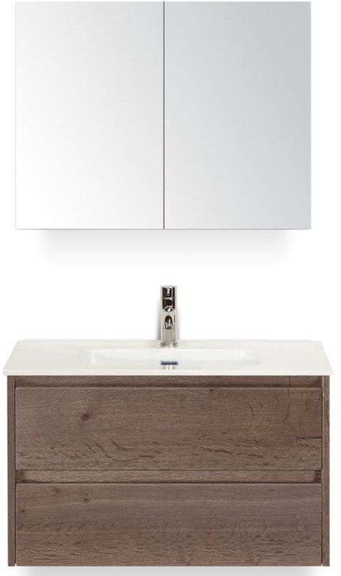 BES LED Dante Badmeubelset 80 cm - Tabacco - Keramische Wastafel Wit Cover met Spiegelkast
