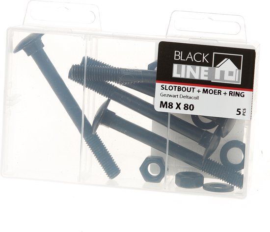 Blackline Slotbout met moer en sluitring – M8 x 80mm – Zwart – 5 stuks