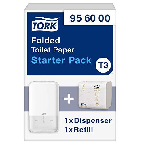 Tork 956000 Starter Pack met T3 Toiletpapier-Dispenser voor Afzonderlijke Vellen Wc-Papier In Modern Elevation Design/Hoge Capaciteit, 1 X Witte Dispenser 1 X Bundel Extra Zacht enkel Toiletpapier