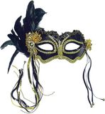 Bristol Novelty Metallic Side Feather Eye Mask (Black/Gold)