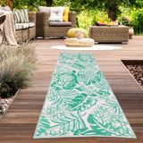 Bol Tapis d'extérieur imperméable avec motif tropical, couleur : pétrole, dimensions : 90 x 300 cm