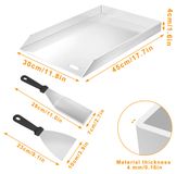 Plaque de cuisson en acier inoxydable - Convient pour barbecues à gaz et au charbon de bois - 30 x 45 x 4 cm - Sans poignée - Résistant à la rouille et aux rayures - 2 spatules - Argent