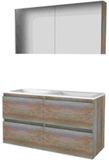 Basic Line Comfort 46 Badkamermeubelset - 120 x 46 cm - Greeploos - 4 Lades - Acryl Wastafel - 2 Kraangaten - Spiegelkast - Scotch Oak