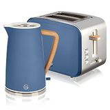 Swan Nordic ontbijtset, draadloze waterkoker, 1,7 l, 2200 W, broodrooster met brede sleuf, 2 sneden, 3 functies, modern design, houtlook, mat blauw