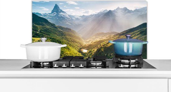 KitchenYeah Spatscherm keuken 90x45 cm - Kookplaat achterwand Bergen - Planten - Landschap - Muurbeschermer - Spatwand fornuis - Hoogwaardig aluminium