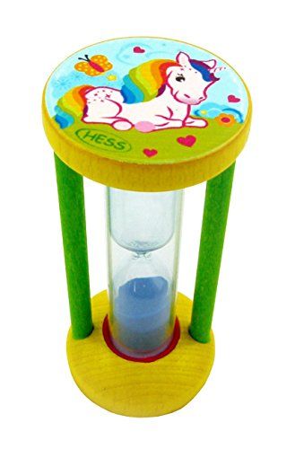 Hess - Holzspielzeug 14589 - tandpoetsklok van hout, serie eenhoorn, voor kinderen, handgemaakt, ca. 3,5 x 3,5 x 8 cm groot, zandloper met gekleurd zand, voor dagelijks gebruik bij het tandenpoetsen