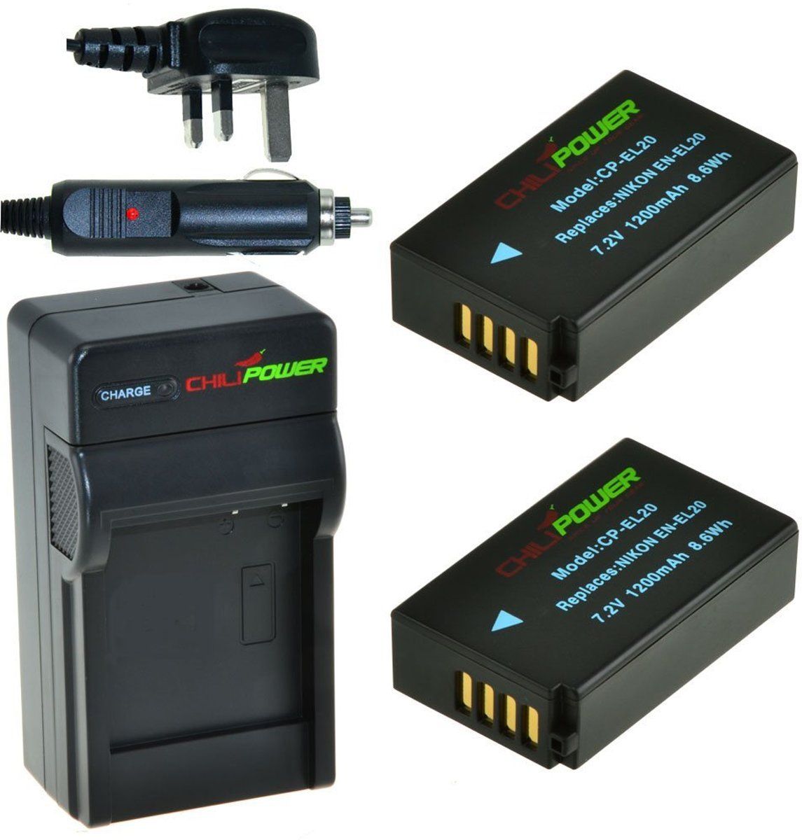 ChiliPower 2 x EN-EL20 accu's voor Nikon - Charger Kit + car-charger - UK version