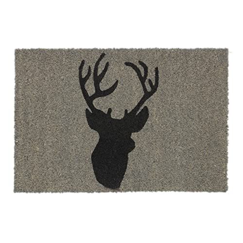 Relaxdays Deurmat kokos - Voetmat hert - 40x60 cm - Antislip - Grijs/Zwart