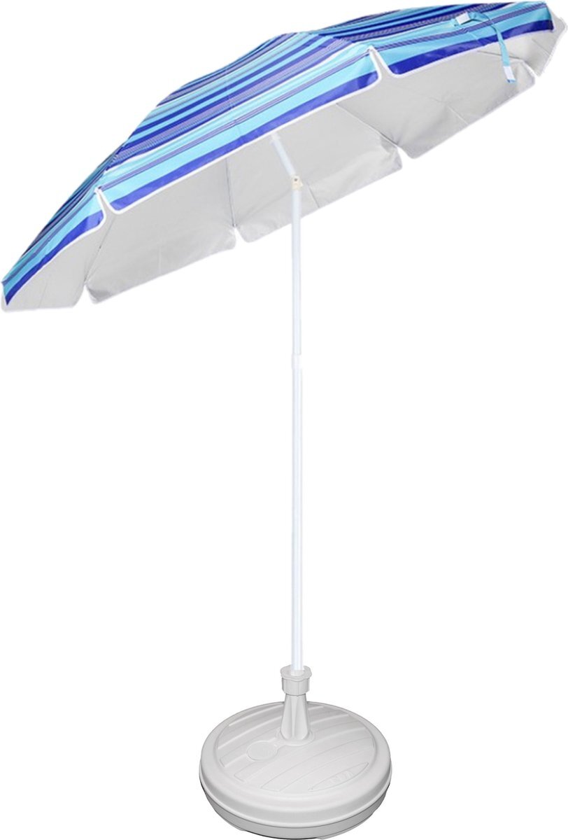 Trendo Blauw gestreepte gekleurde tuin/strand parasol 200 cm met vulbare wit plastic voet van 42 cm