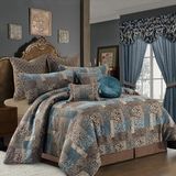 Loom and Mill 9-delige jacquard dekbedset, vintage traditionele patchwork dekbed queensets, ultrazacht beddengoed met euroshams, bedrok, gevuld decoratief kussen voor thuis slaapkamer (blauw, queen)