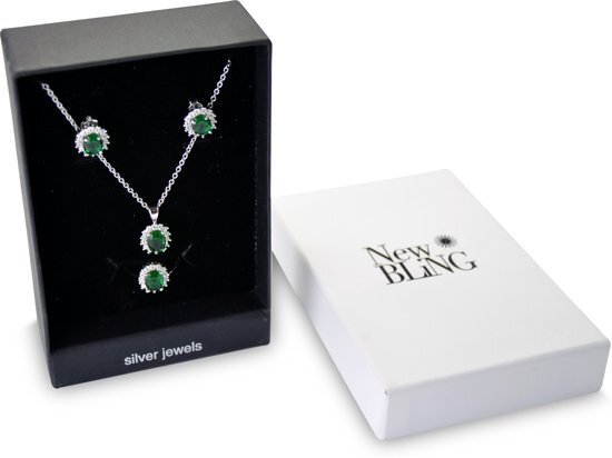 New Bling Gift Set 9NB SET010 60 Sieraden Geschenkset - Zilveren Oorbellen 6x8 mm Collier 40+5 cm Ring maat 60 - Solitair Zirkonia steen - Zilverkleurig / Groen