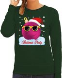 Bellatio Decorations Foute kersttrui - sweater - groen - Chirstmas party - roze coole kerstbal - voor dames - kerstkleding / christmas outfit XS