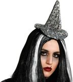 Atosa Halloween heksenhoed - mini hoedje op diadeem - zilver glitter