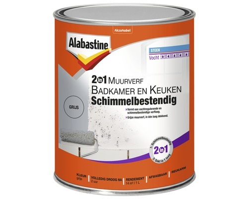 Alabastine 2-in-1 Muurverf badkamer en keuken schimmelbestendig grijs 1 l